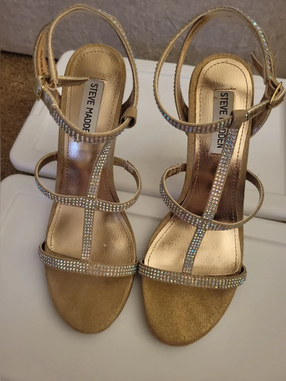 Steve Madden Gold Rhinestone Strappy Heels Size 8.5
